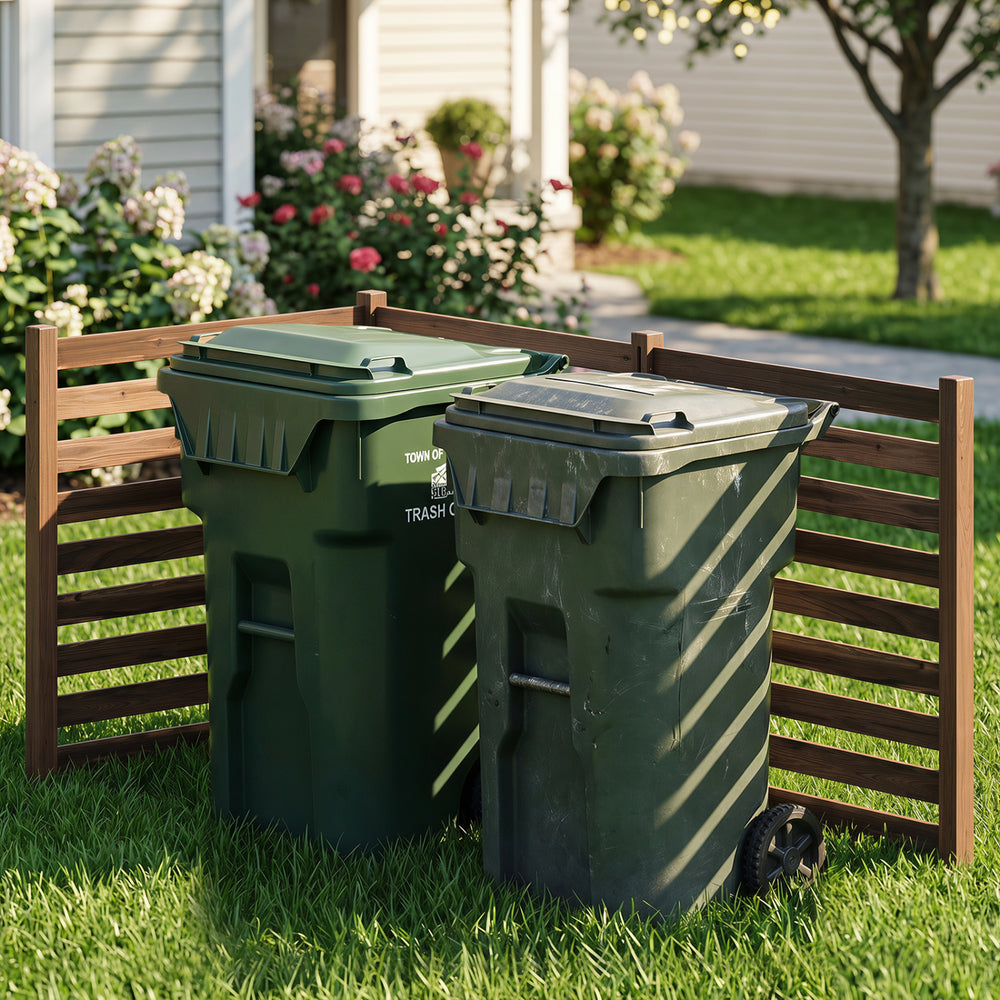 Three-panel brown wooden outdoor privacy fence with slats, ideal for enclosing trash cans and ensuring ventilation.
