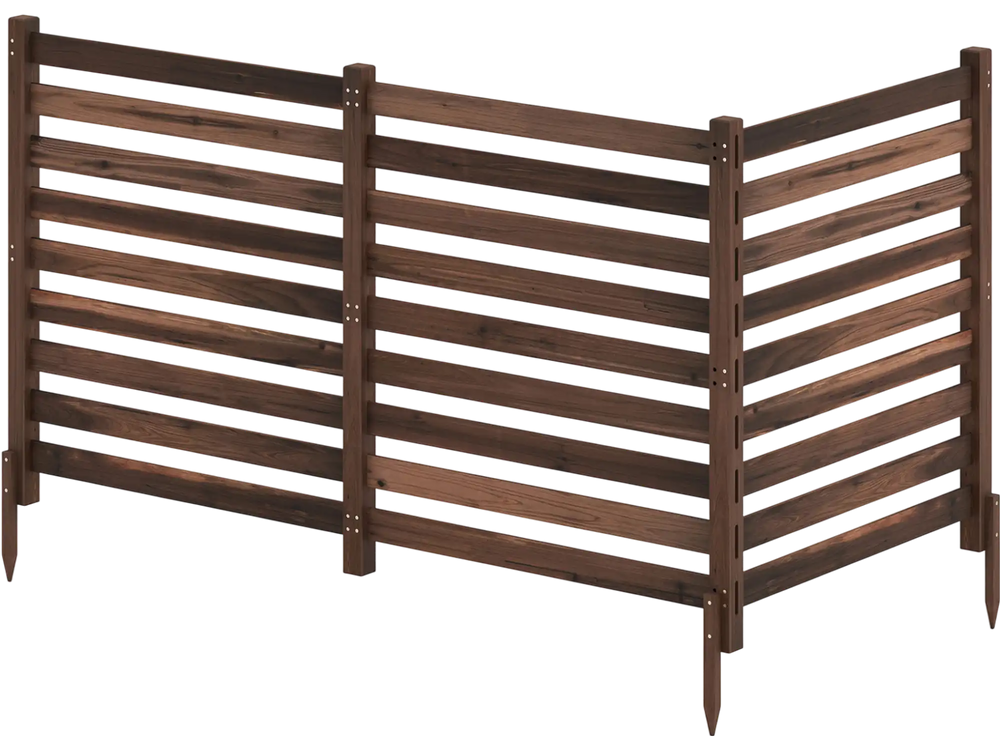 Three-panel wooden outdoor privacy fence in brown, featuring slatted design and ground stakes for secure installation.