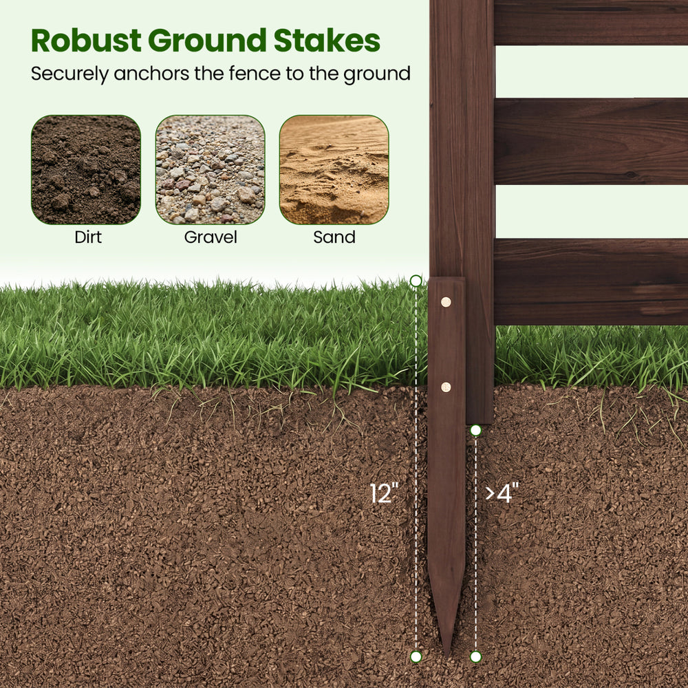 Robust ground stakes securely anchor the 3-panel wooden outdoor privacy fence in dirt, gravel, or sand for stability.