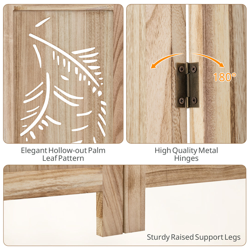 3-panel wooden room divider featuring a palm leaf design, lightweight paulownia frame, and sturdy raised support legs.