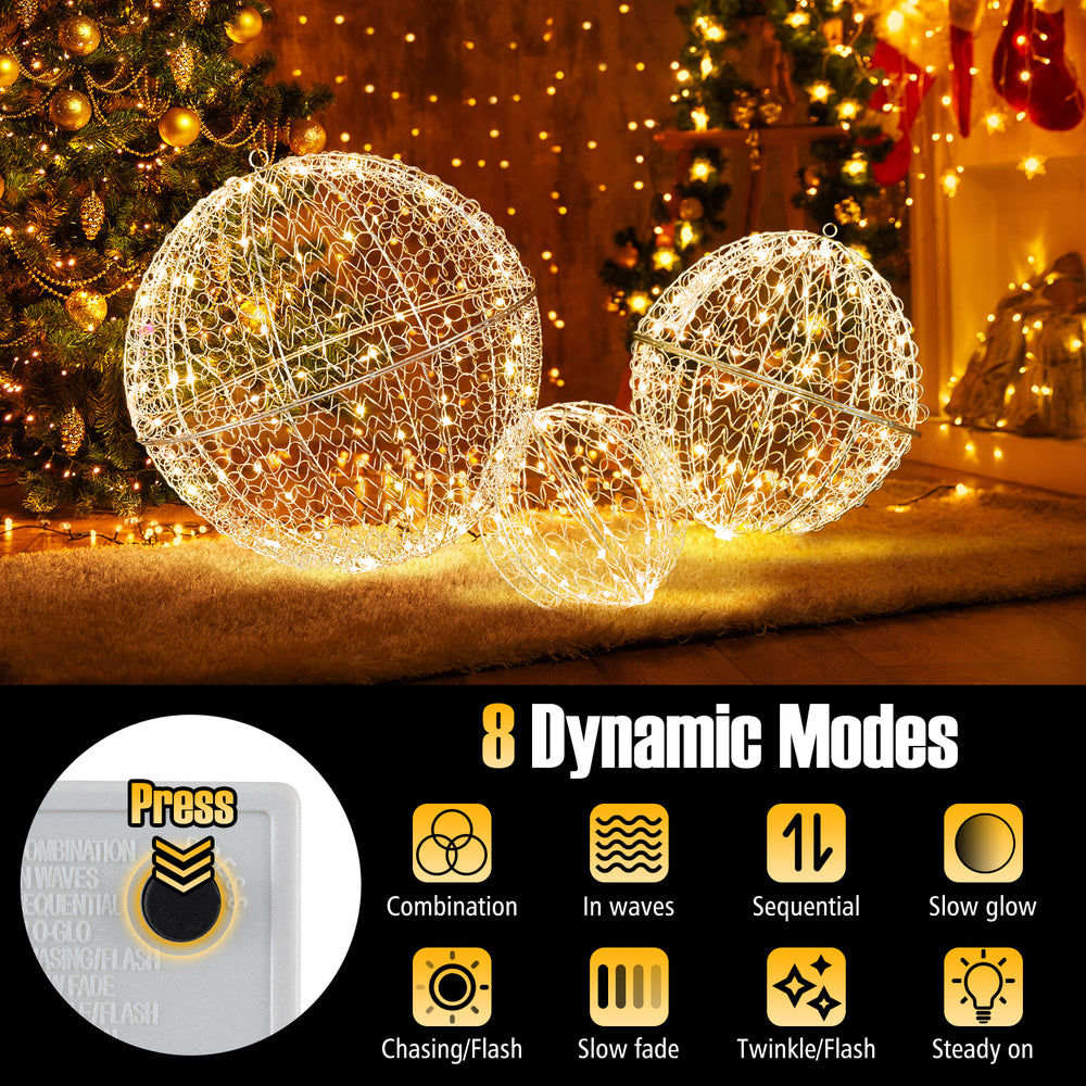 Large lighted Christmas balls with 435 LEDs in warm/cold white, featuring 8 dynamic modes for festive outdoor decor.