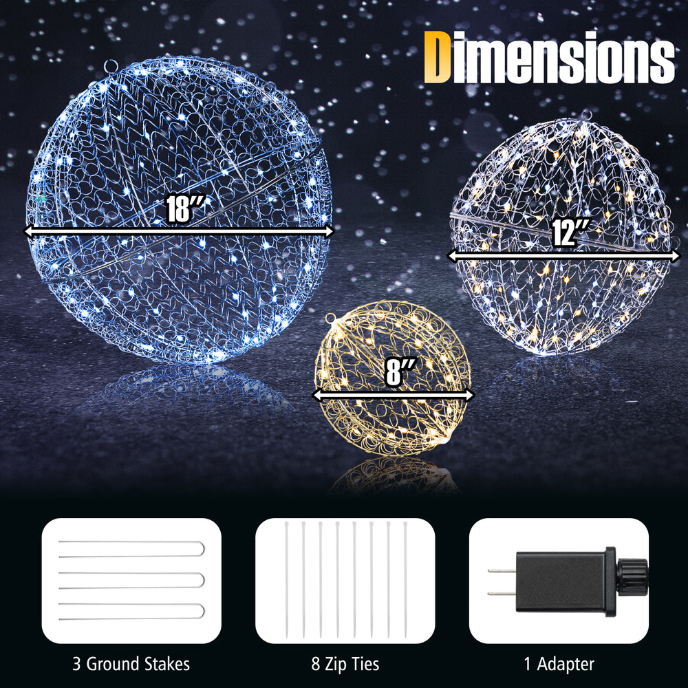 Large lighted Christmas balls in three sizes, featuring 435 LEDs for versatile outdoor holiday decor.