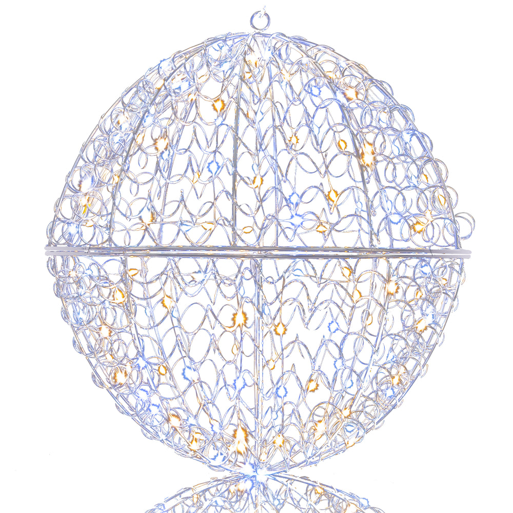 Large lighted Christmas ball with 435 LEDs, ideal for outdoor decoration, featuring a durable metal frame and hanging.