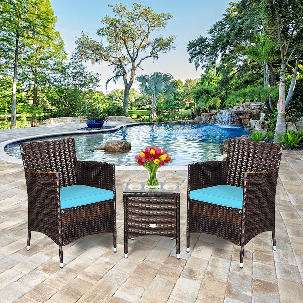 3 Pcs Outdoor Rattan Wicker Furniture Set-Blue - Gallery View 1 of 11