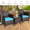 Close-up of the blue cushion on a rattan chair from the 3-piece outdoor furniture set, designed for comfortable patio.
