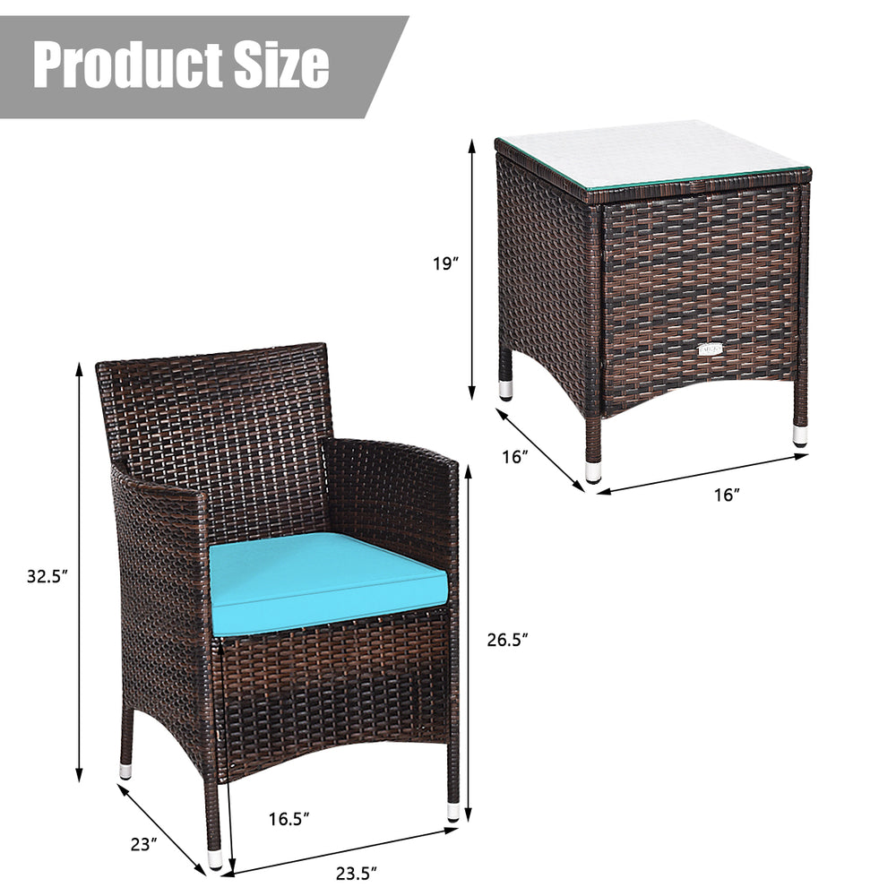 Rattan chair and coffee table from the 3 pcs outdoor wicker furniture set in blue, perfect for patio relaxation.