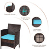 Rattan chair with blue cushion and ergonomic armrest, part of a 3-piece outdoor wicker furniture set for patio.