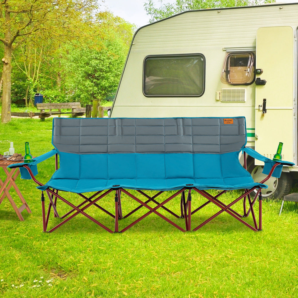 Three-person folding camping chair in blue with cotton padding, cup holders, and storage bag, ideal for outdoor.