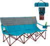 Three-person folding camping chair in blue with cotton padding, two cup holders, and a storage bag for outdoor.