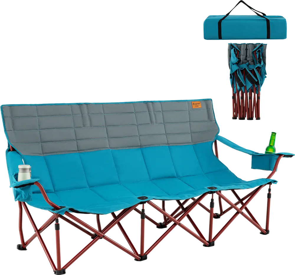 Three-person folding camping chair in blue with cotton padding, two cup holders, and a storage bag for outdoor.