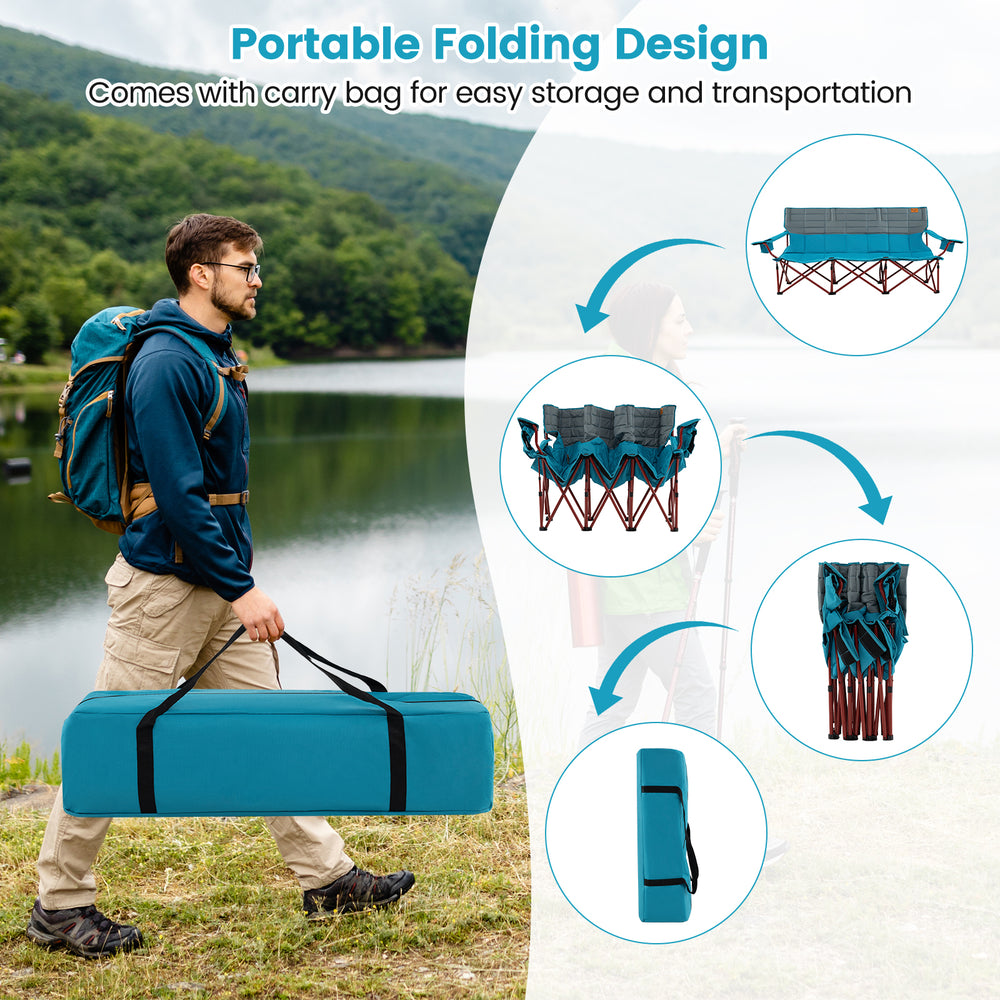Three-person folding camping chair in blue with cotton padding and cup holders, ideal for outdoor activities.