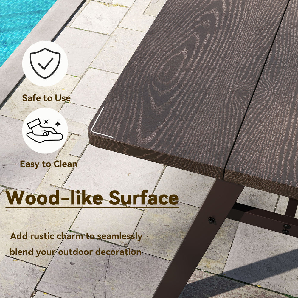 Wood-like surface detail of a 3-person outdoor bench set, featuring rustproof zinc-iron alloy for patio use.
