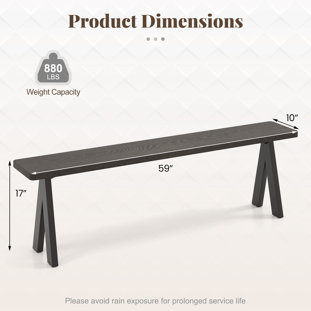 Dimensions of a 59-inch outdoor bench with a wood-like surface, supporting up to 800 lbs for patio or garden use.