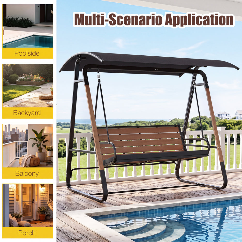 Three-person outdoor swing with adjustable black canopy, removable cushion, and sturdy metal frame for versatile use.