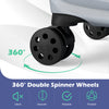Close-up of 360° double spinner wheels on gray hardside luggage, designed for silent, smooth, and flexible movement.