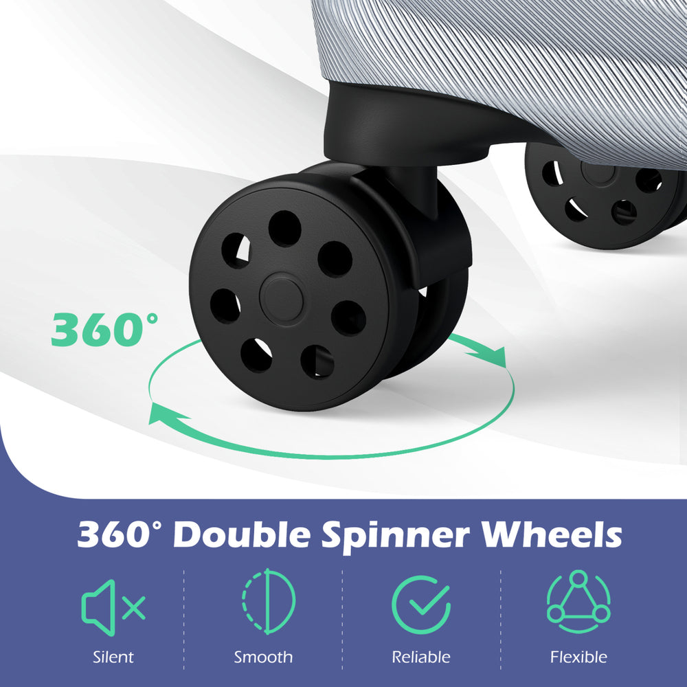 Close-up of 360° double spinner wheels on gray hardside luggage, designed for silent, smooth, and flexible movement.