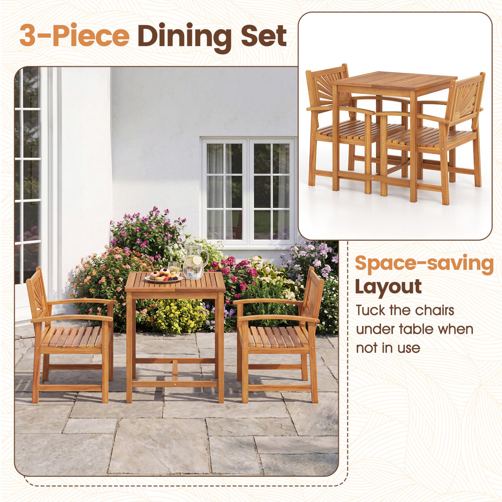 3-piece natural acacia wood patio dining set featuring a space-saving design with ergonomic chairs and a slatted table.