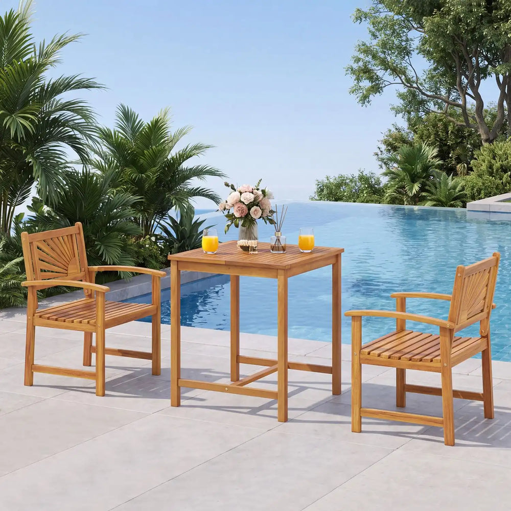 3-piece natural acacia wood patio dining set featuring a square table and ergonomic chairs for outdoor relaxation.