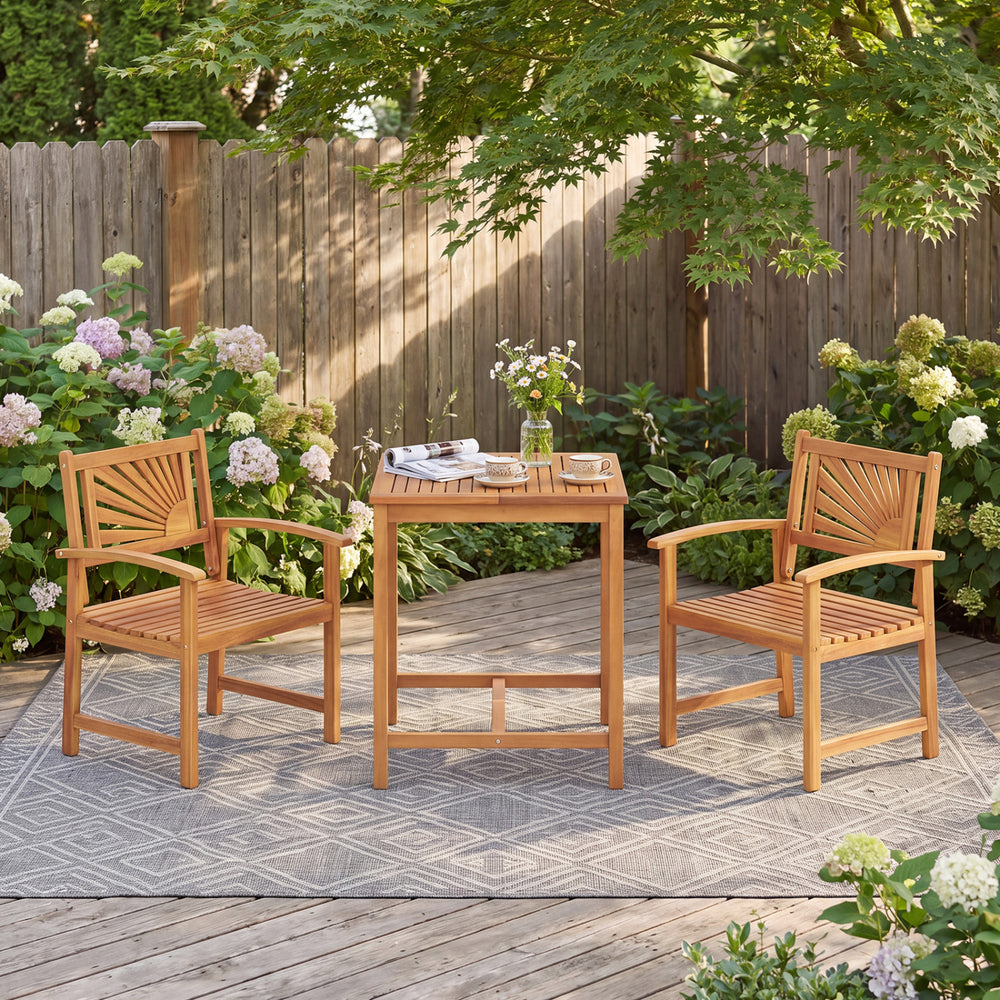 3-piece acacia wood patio dining set featuring a square table and ergonomic chairs, perfect for outdoor relaxation.