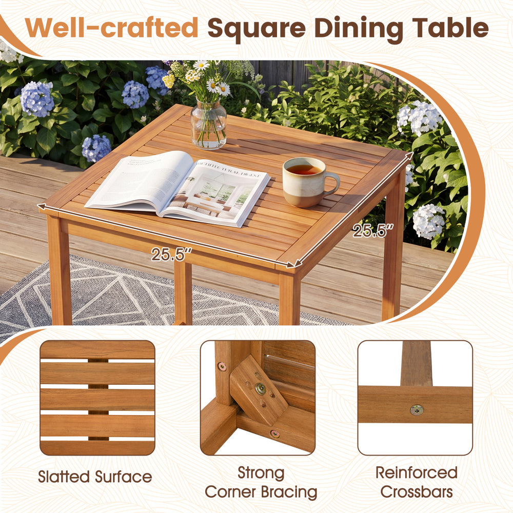 Well-crafted square dining table made of solid Acacia wood with a slatted surface for easy maintenance and stability.