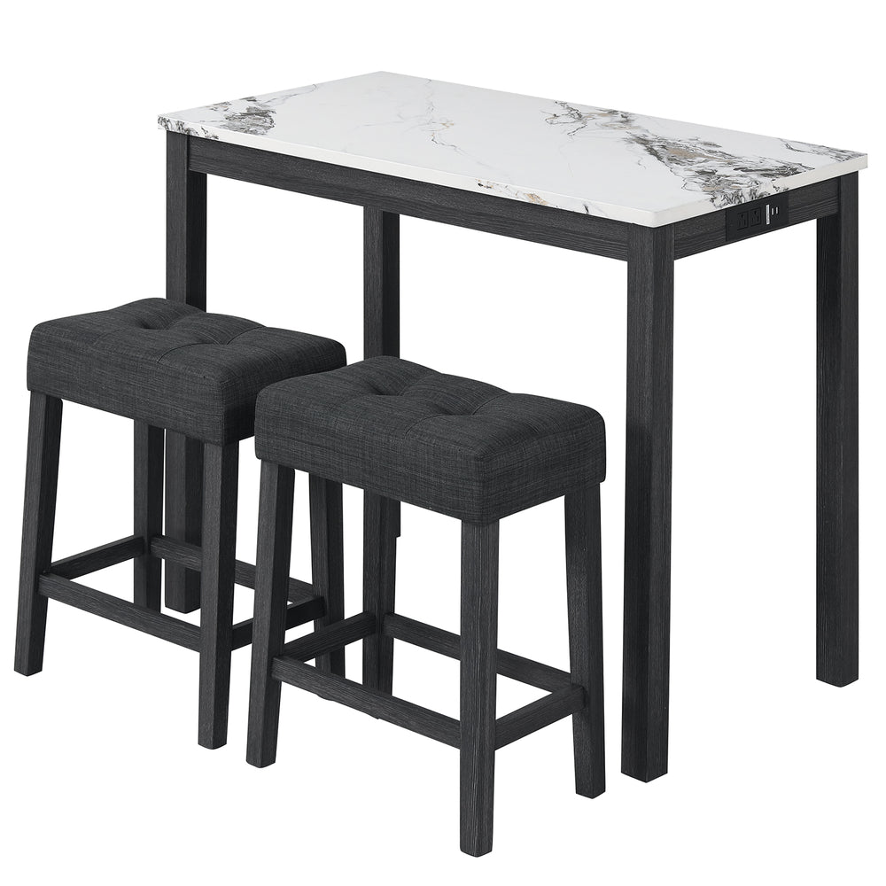 3-Piece Bar Table Set with Charging Station and Faux Marble Top-White - Gallery View 1 of 1