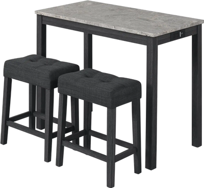 Costway 3-Piece Bar Table Set w/ Charging Station Faux Marble Top 39626610 New