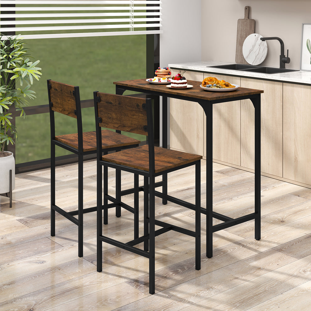3 Piece Bar Table Set with Backrest and Footrest for Small Space-Rustic Brown - Gallery View 1 of 10
