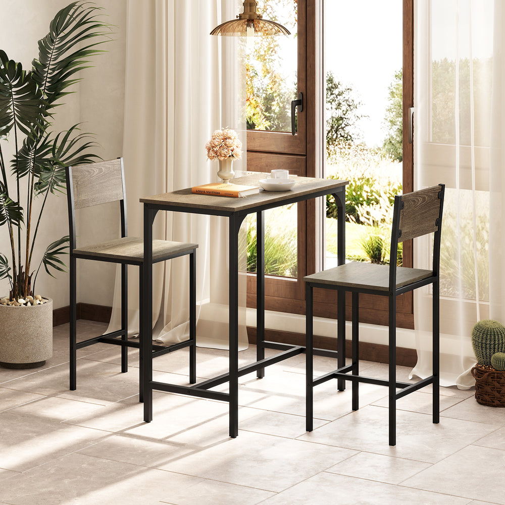 3-piece gray bar table set with backrest and footrest, ideal for small spaces in dining rooms or kitchens.