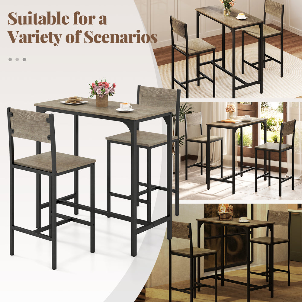 3-piece gray bar table set showcasing a sleek design with tucked chairs, ideal for cozy dining in small spaces.