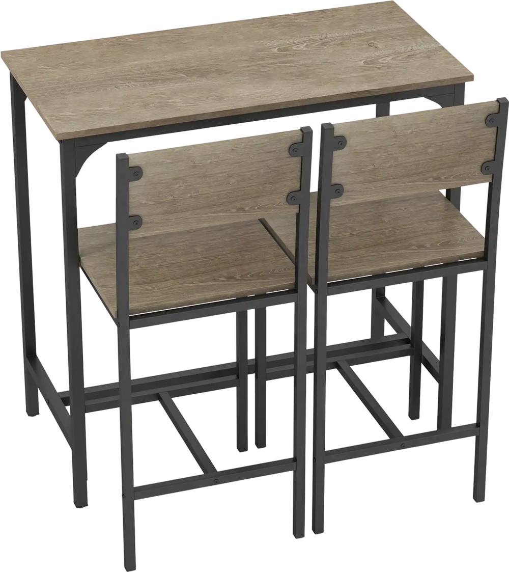 3 piece gray bar table set with backrest and footrest, ideal for small spaces, perfect for dining or pub use.