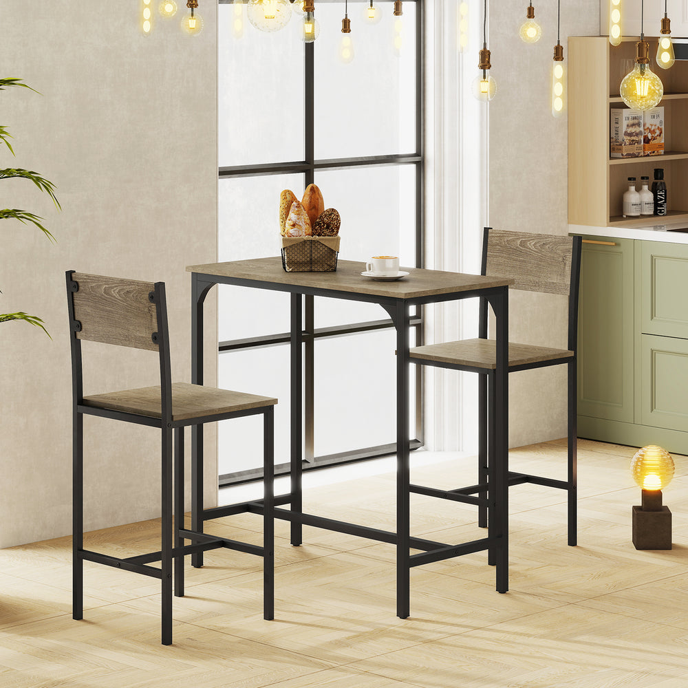 3-piece gray bar table set with backrests and footrests, perfect for small spaces in dining rooms or kitchens.