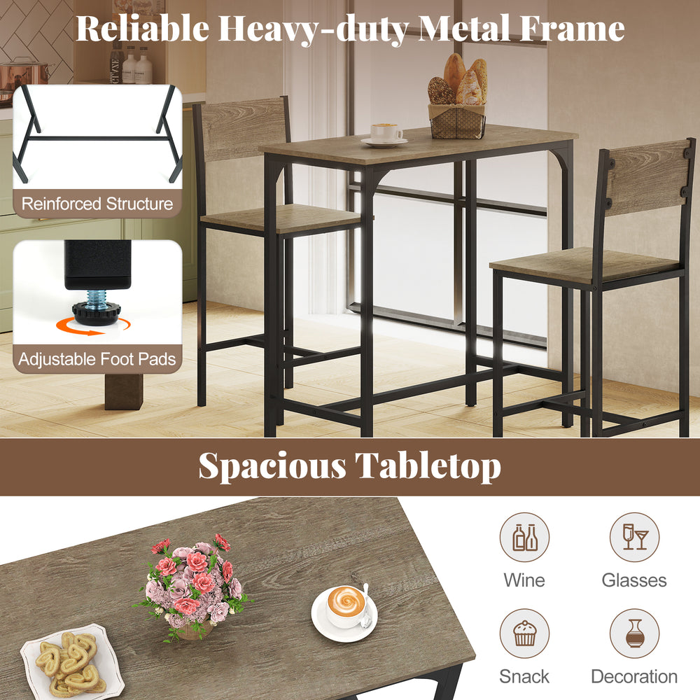 3-piece gray bar table set featuring a spacious tabletop, reinforced metal frame, and comfortable backrest chairs for.