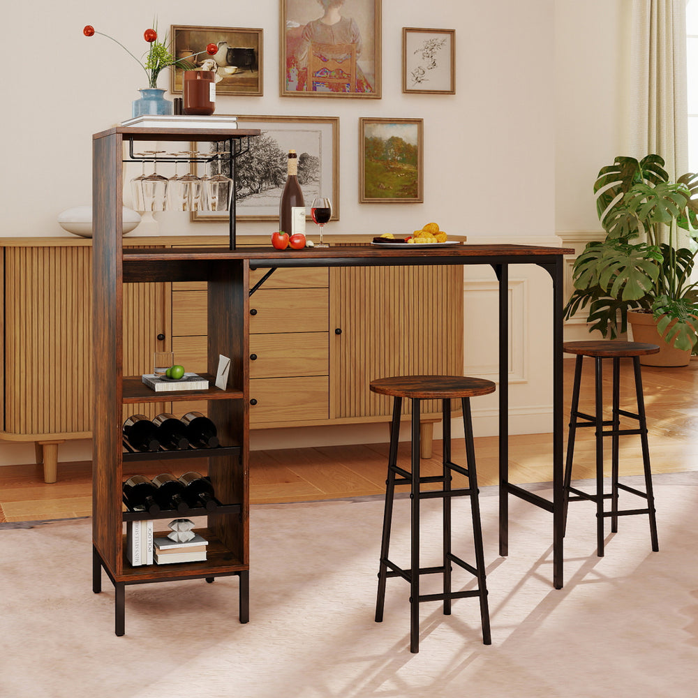 3-piece bar table set in rustic brown with wine rack, ideal for dining and storage in compact spaces.