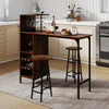Rustic brown 3-piece bar table set with wine rack, featuring stools and ample storage for kitchen essentials.
