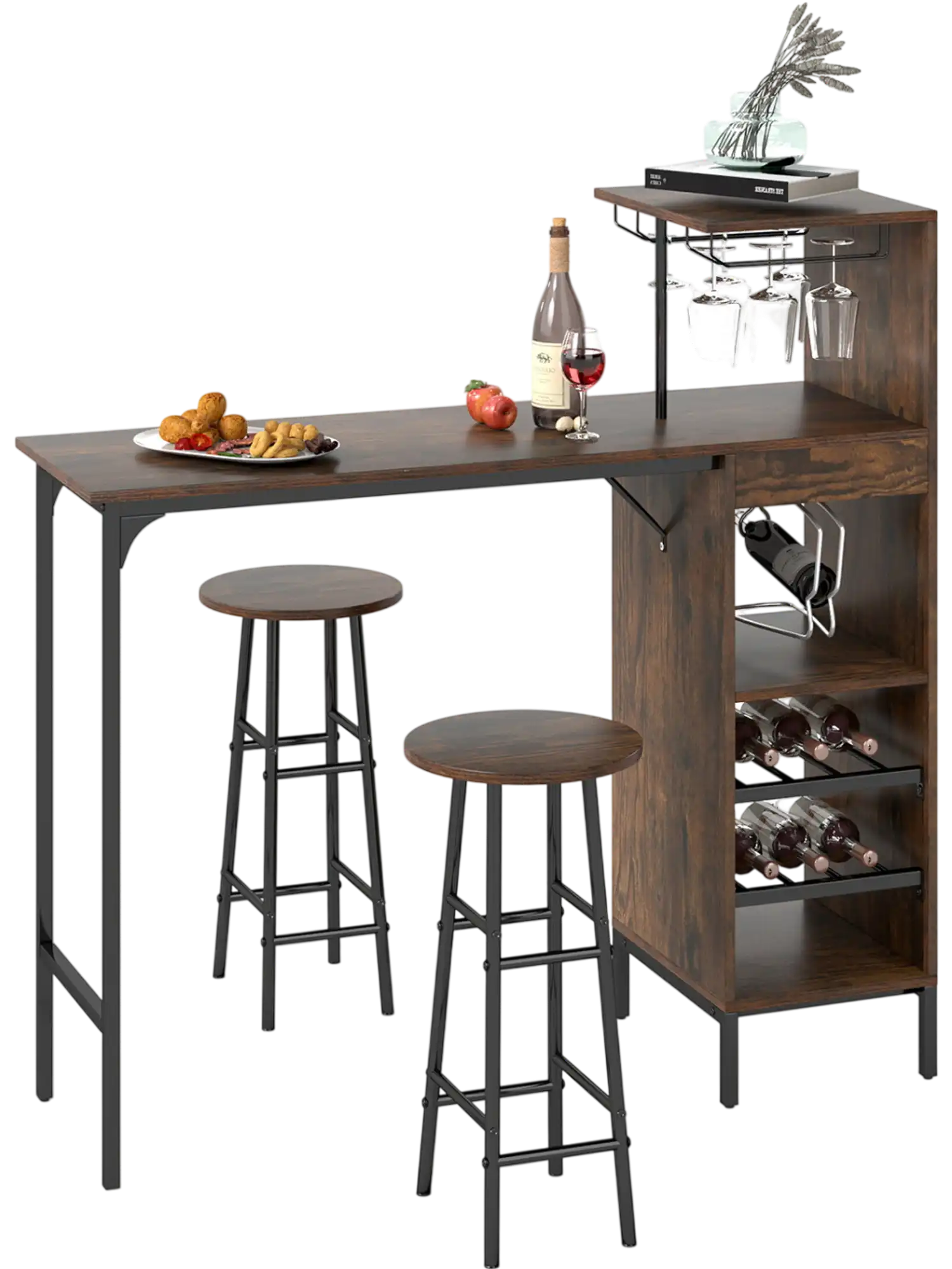 Costway 3 Piece Bar Table & Chairs Set w/ 6-Bottle Wine Rack 86947235 New