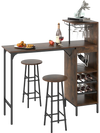 3-piece bar table set in rustic brown with wine rack, glass holders, and sturdy metal frame for space-saving dining.
