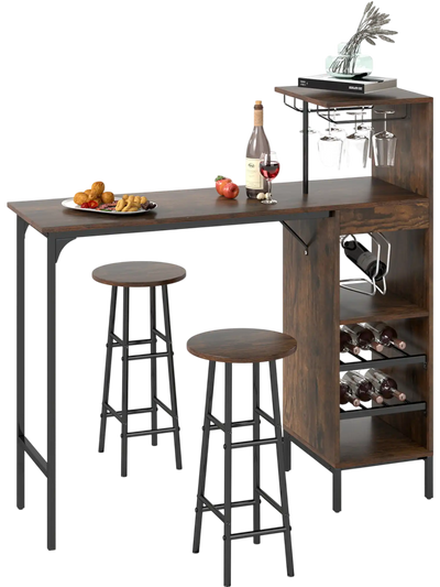 Costway 3 Piece Bar Table & Chairs Set w/ 6-Bottle Wine Rack 86947235 New