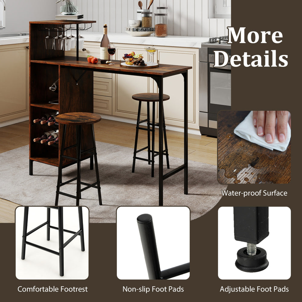 3-piece bar table set in rustic brown with wine rack, waterproof surface, and adjustable foot pads for stability.