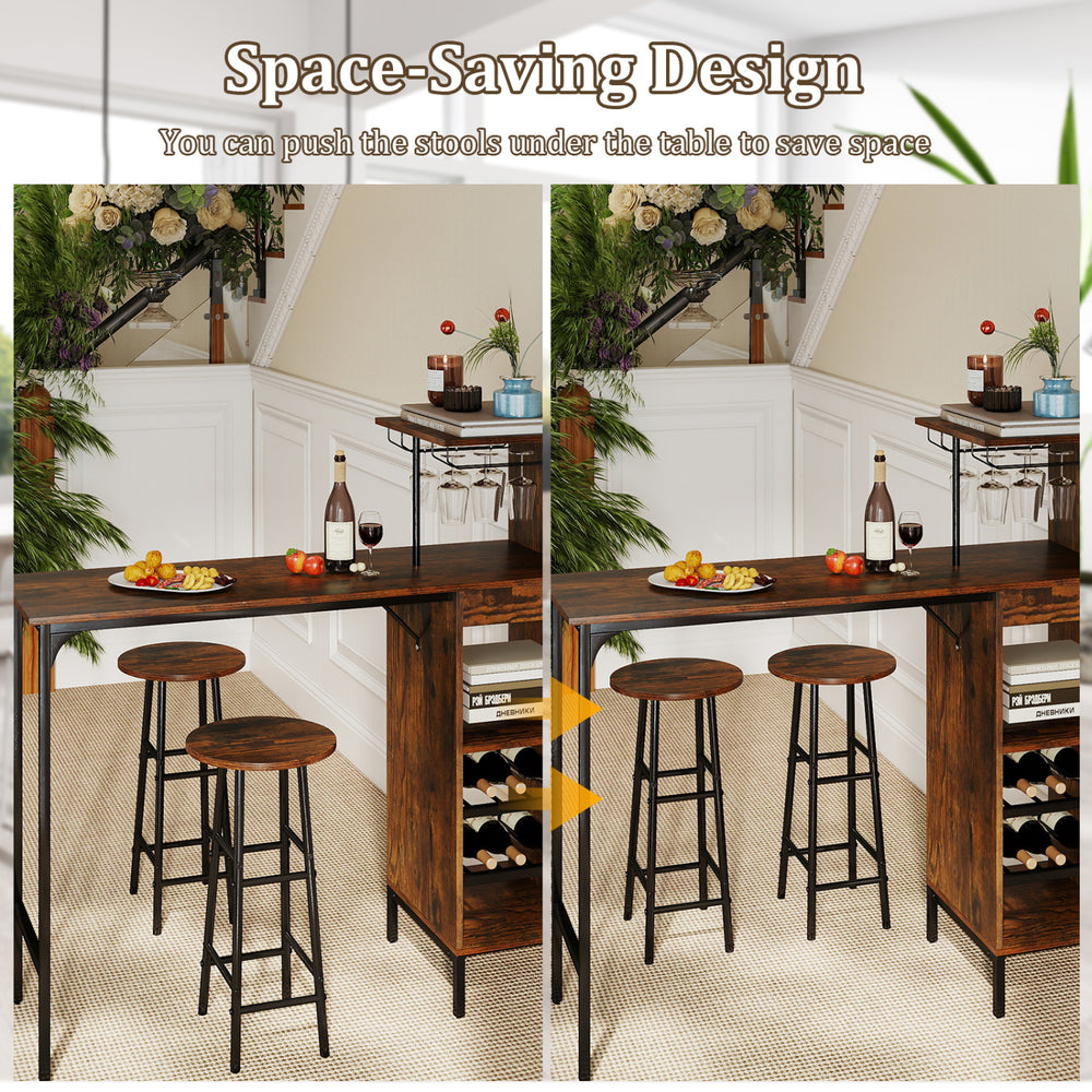 Bar table set with rustic brown finish and stools, featuring a wine rack and space-saving design for versatile use.