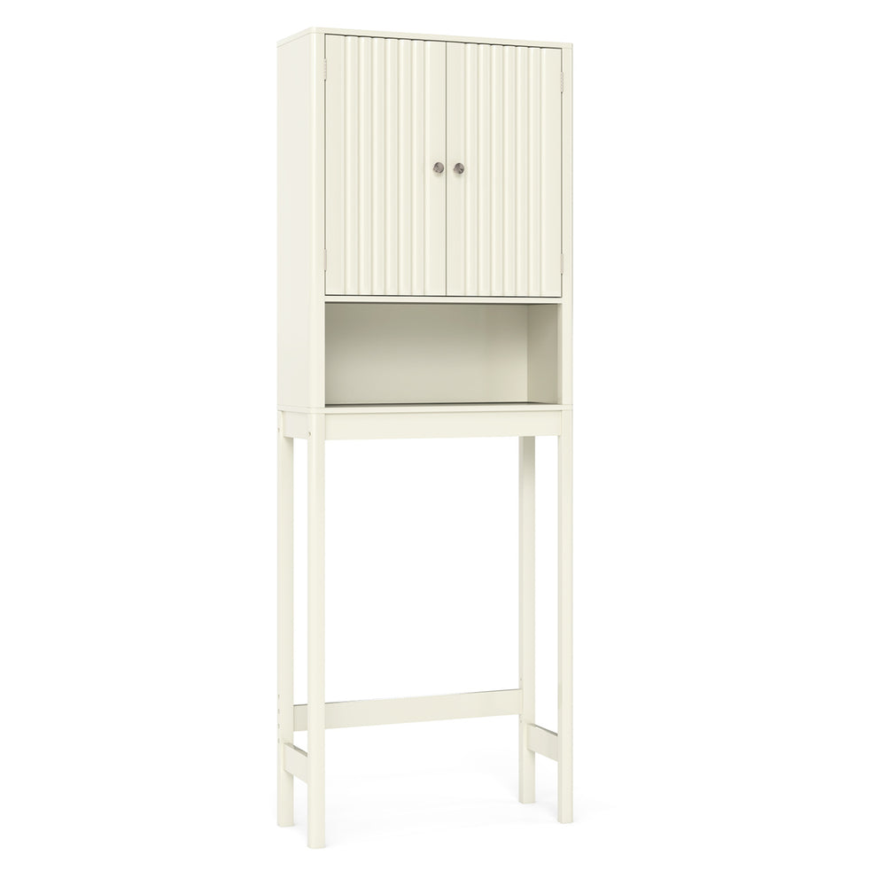 Corner bathroom cabinet with fluted doors, adjustable shelves, and a space-saving design for organized storage.
