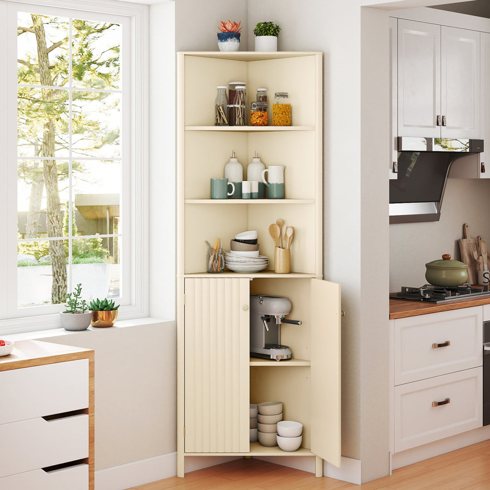 Corner cabinet with fluted doors, featuring adjustable shelves for organized storage in small spaces.