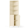 Tall corner cabinet with fluted doors, adjustable shelves, and enclosed storage for bathroom organization.