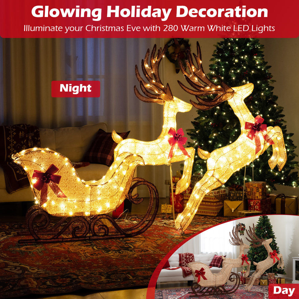 3-piece Christmas lighted reindeer and sleigh set with 280 warm white LEDs, perfect for outdoor holiday decoration.