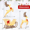 Lighted reindeer and sleigh set with 280 LED lights, red bows, and metal stands for festive outdoor Christmas decor.