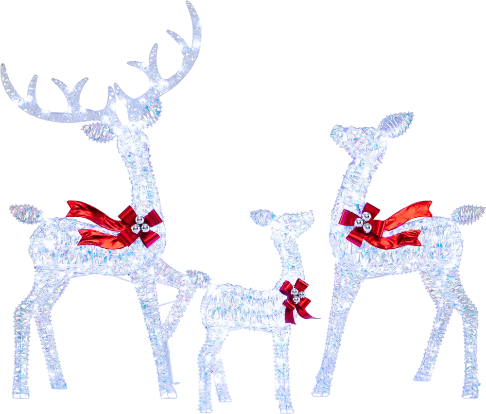 3-Piece Christmas Lighted Iridescent Reindeer Family Set with 215 Cold White LED Lights and Ground Stakes