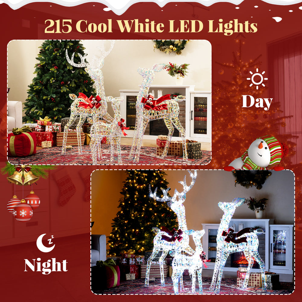 3-piece Christmas lighted reindeer family set with 215 cool white LED lights for festive indoor and outdoor display.