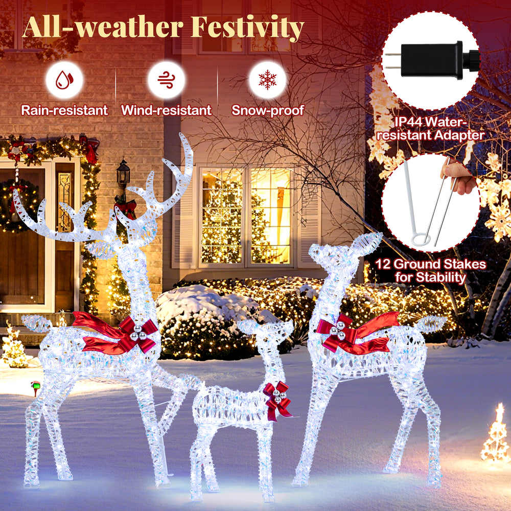 3-piece Christmas lighted iridescent reindeer family set with 215 LED lights, perfect for indoor and outdoor holiday.