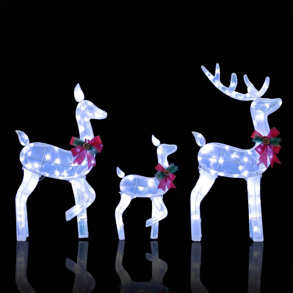 Lighted 3-piece Christmas reindeer family set with 180 LED lights and decorative bows for festive outdoor displays.