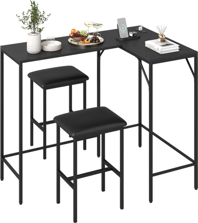 Costway 3-Piece Convertible L-Shaped Kitchen Table Chair Set w/ 2 AC Outlets USB & Type-C Ports 13799393 New