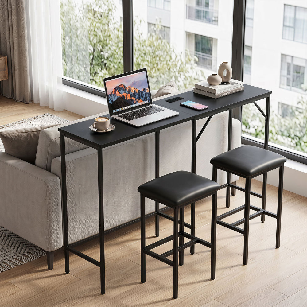 Convertible L-shaped kitchen table set in black with padded chairs, featuring built-in AC outlets and USB ports for convenience.